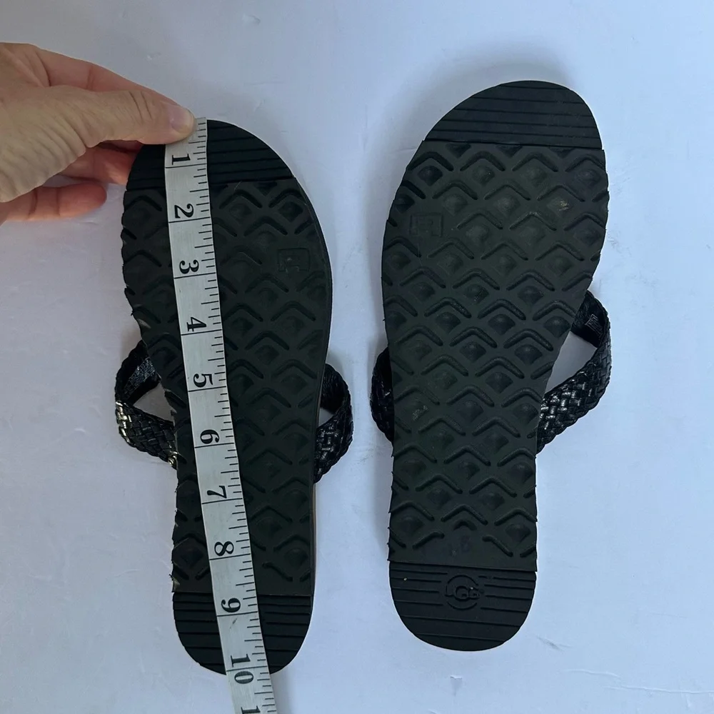 UGG Women's Black and Tan Lorrie Leather Woven Thong Sandals- Size 8